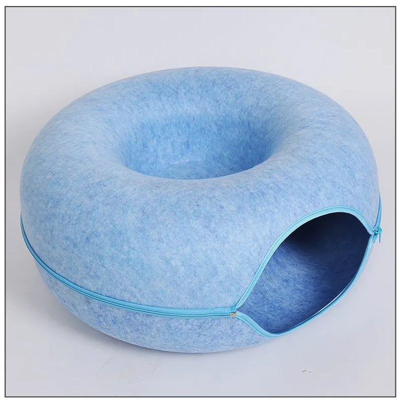 Cozy Donut Cat Bed with Interactive Tunnel - Versatile Felt Indoor Playhouse for Cats and Kittens