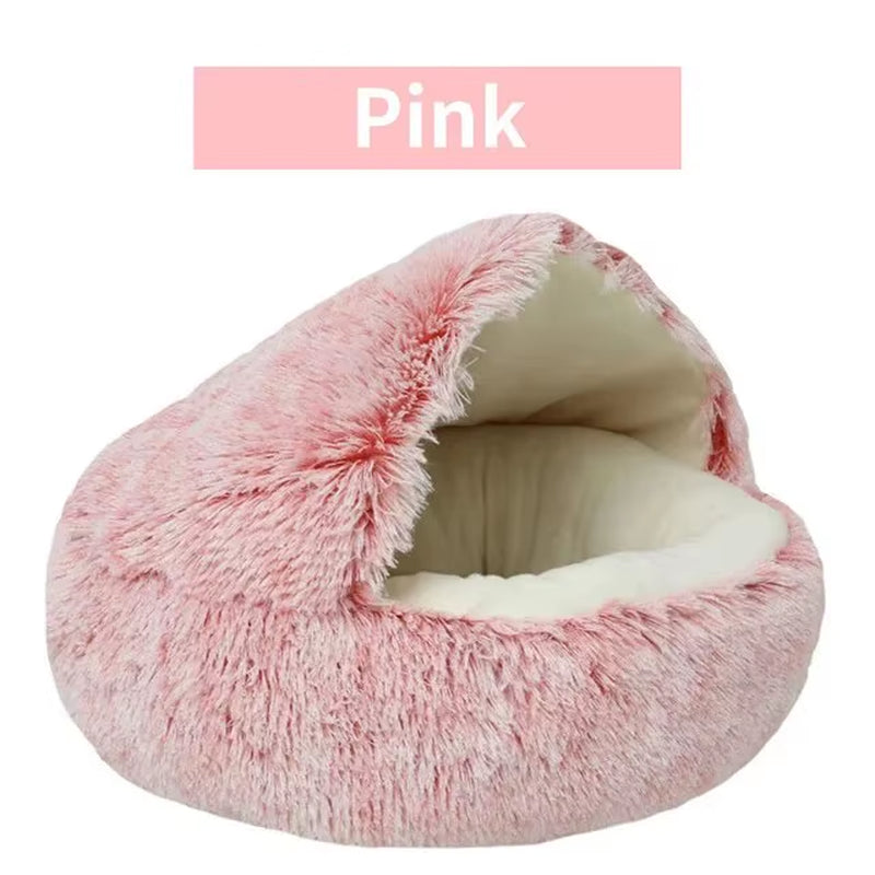 Luxurious Plush Round Hooded Pet Bed - Fluffy Soft Cushion for Cats and Small Dogs, Ideal 2-in-1 Sleeping Nest Cave