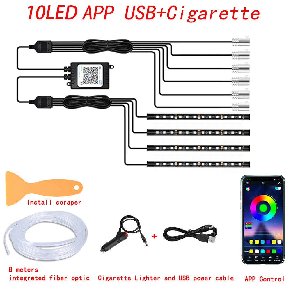 Transform Your Ride with LED Car Interior Ambient Strip Lights - RGB Fiber Optic Neon Lighting Kit with APP Remote Control for Ultimate Atmosphere