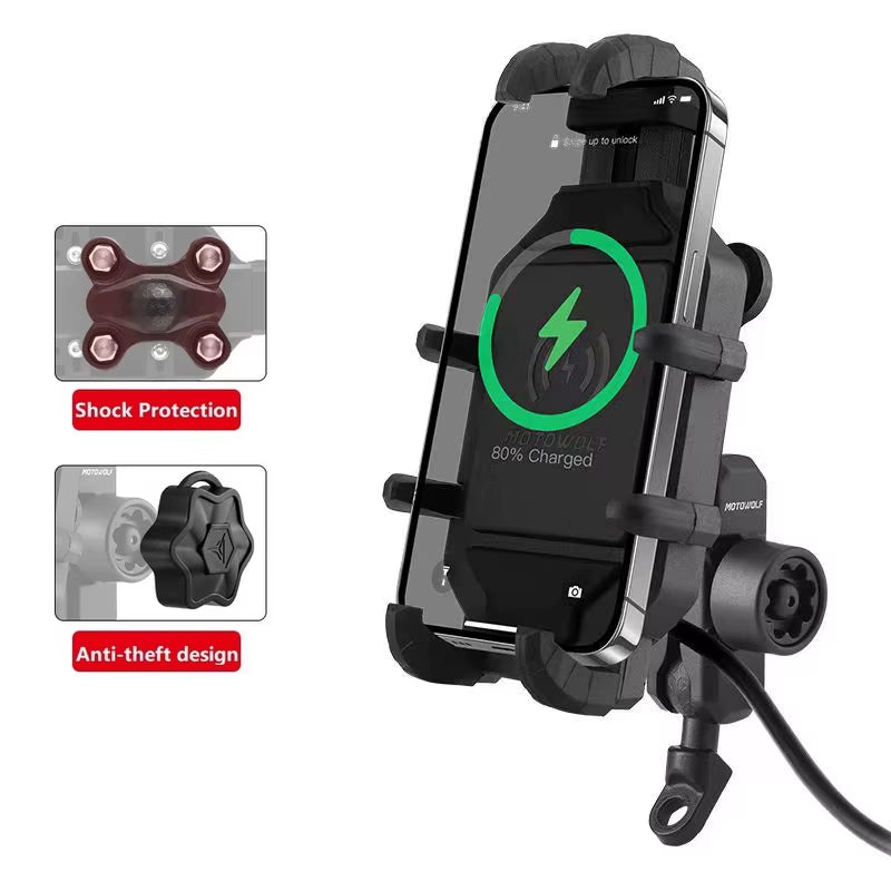 Motorcycle Wireless Charging Phone Holder Cradle - 3.0 Quick Charger for 4-7 Inch Devices, GPS Moto Support Handlebar Mount