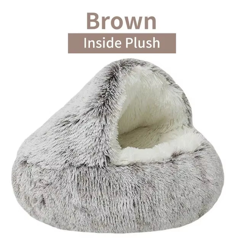 Luxurious Plush Round Hooded Pet Bed - Fluffy Soft Cushion for Cats and Small Dogs, Ideal 2-in-1 Sleeping Nest Cave