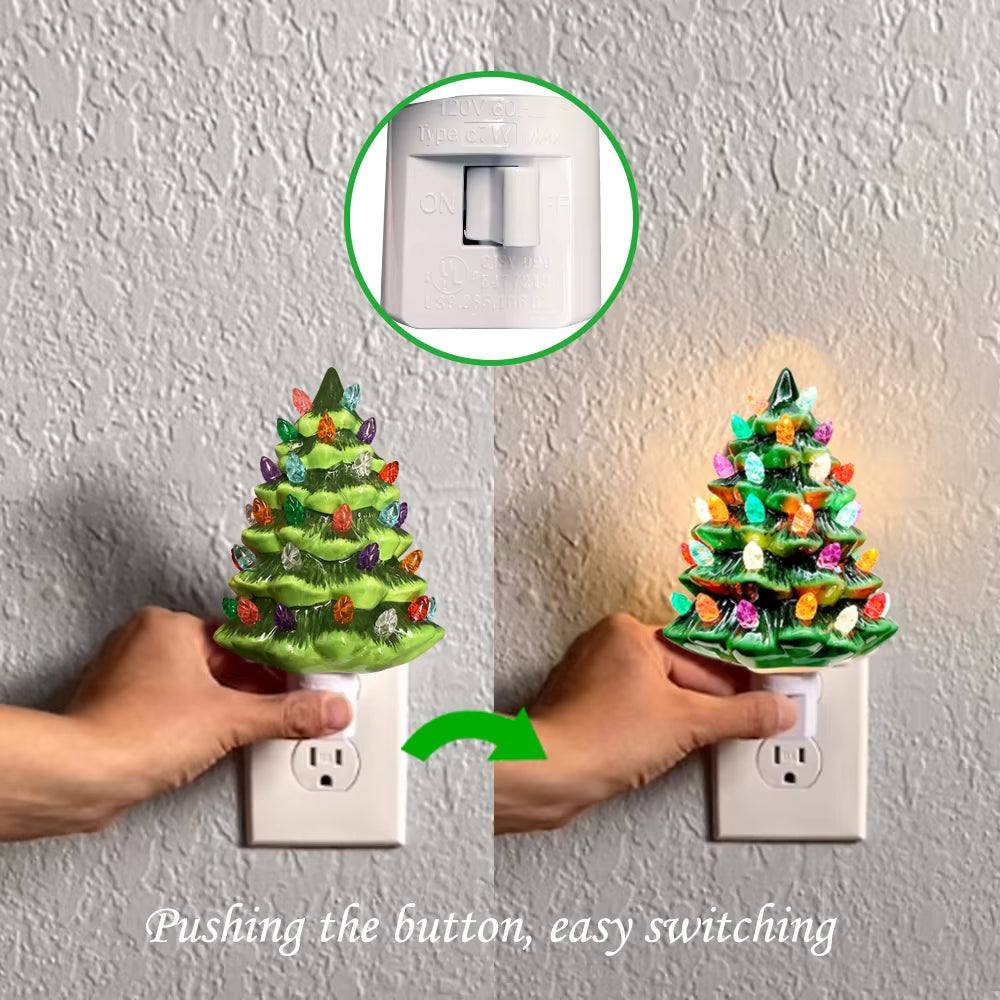Ceramic Vintage Green Christmas Tree Night Light - Hand-Painted Wall Plug-In Decor for a Cozy Atmosphere