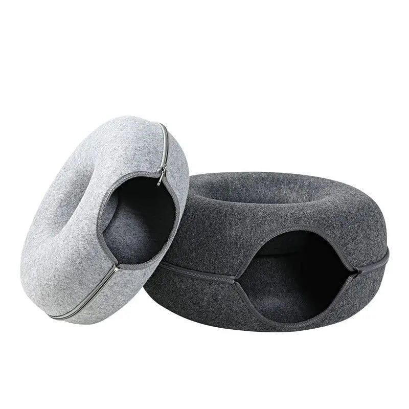 Cozy Donut Cat Bed with Interactive Tunnel - Versatile Felt Indoor Playhouse for Cats and Kittens