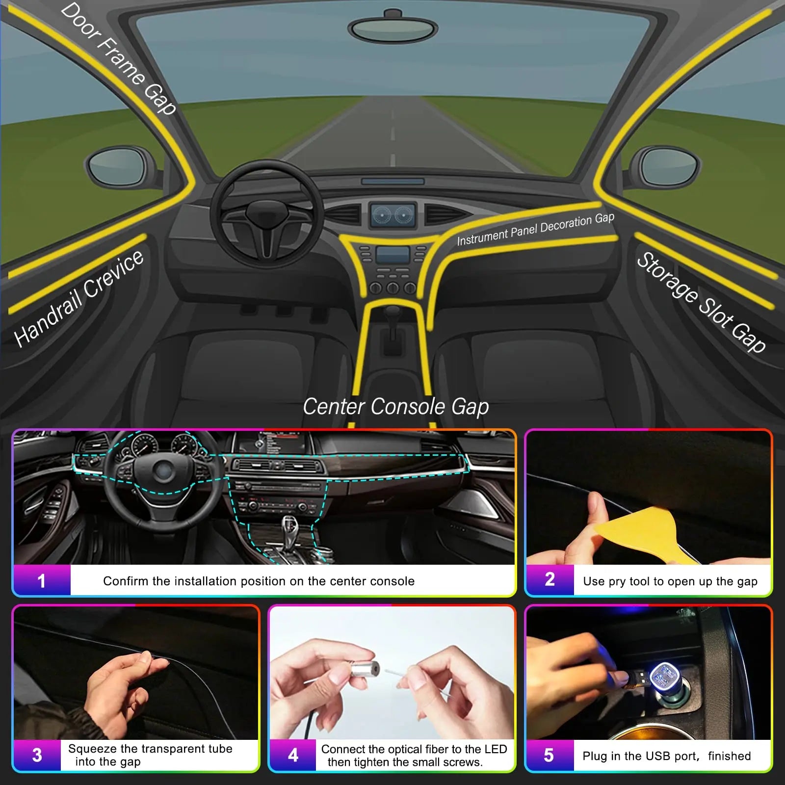 Transform Your Ride with LED Car Interior Ambient Strip Lights - RGB Fiber Optic Neon Lighting Kit with APP Remote Control for Ultimate Atmosphere