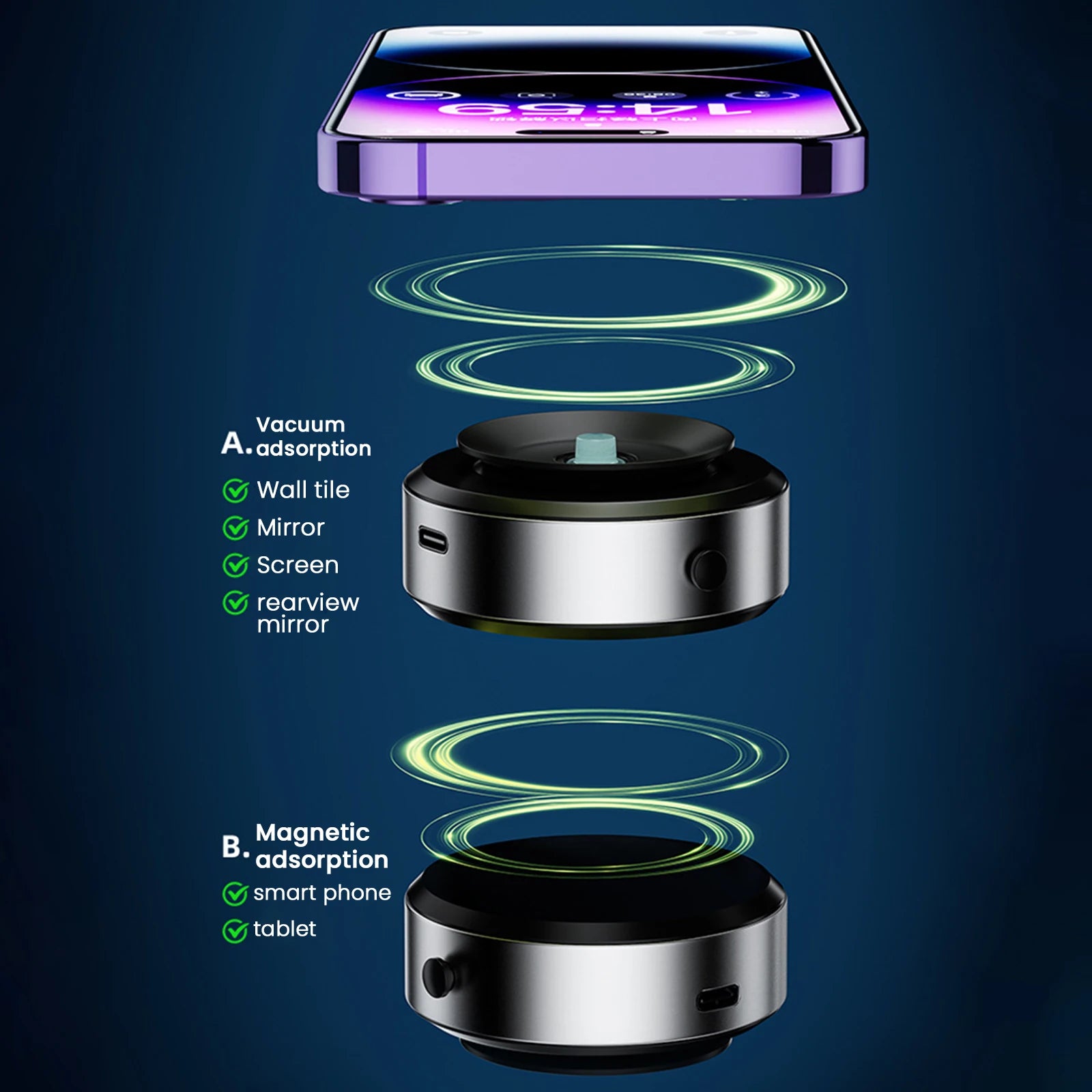 Vacuum Adsorption Suction Cup Car Phone Holder - Magnetic 360° Rotating Adjustable Stand for 4.7-inch Smartphones