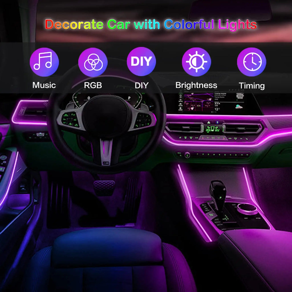 Transform Your Ride with LED Car Interior Ambient Strip Lights - RGB Fiber Optic Neon Lighting Kit with APP Remote Control for Ultimate Atmosphere