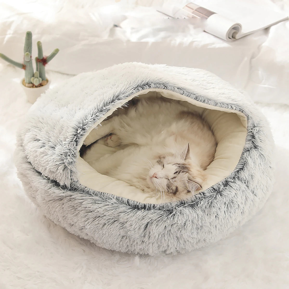 Luxurious Plush Round Hooded Pet Bed - Fluffy Soft Cushion for Cats and Small Dogs, Ideal 2-in-1 Sleeping Nest Cave