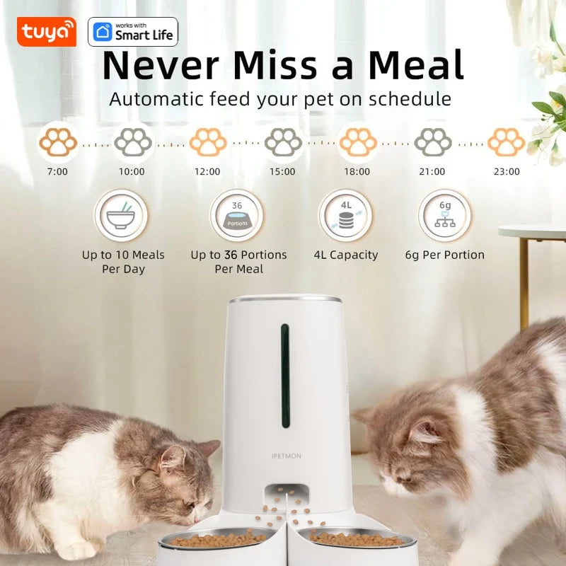 Smart Wi-Fi Automatic Cat Feeder for Two Pets - 4L Capacity with App Control, Dual Stainless Steel Bowls, and Low Food Alarm