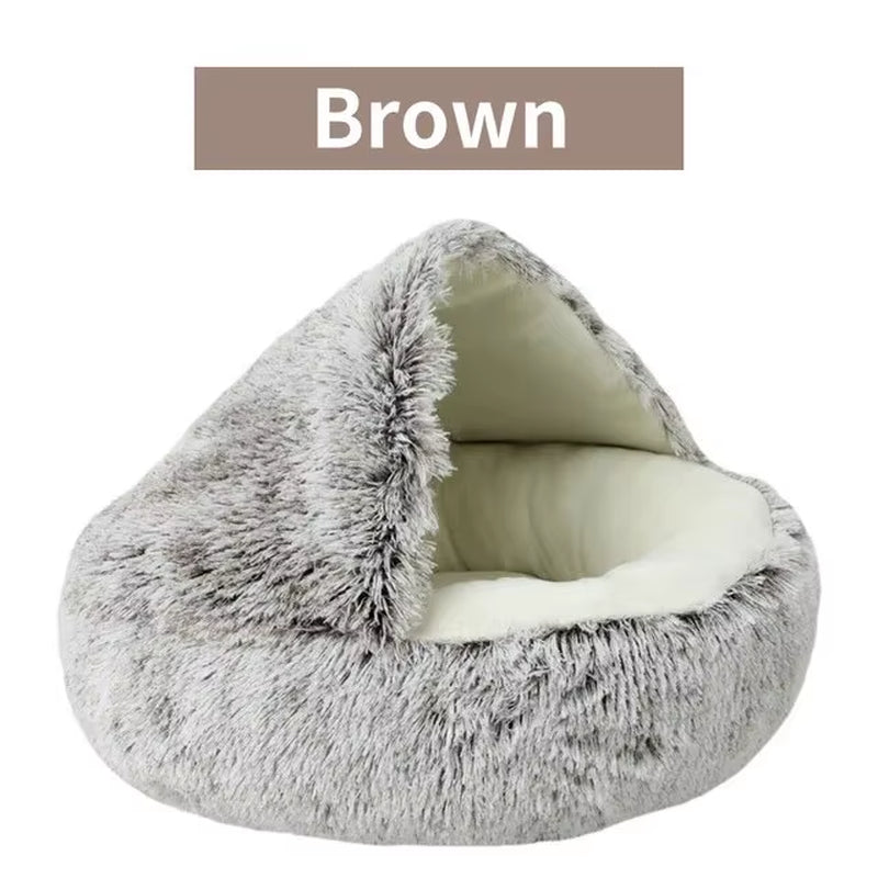 Luxurious Plush Round Hooded Pet Bed - Fluffy Soft Cushion for Cats and Small Dogs, Ideal 2-in-1 Sleeping Nest Cave
