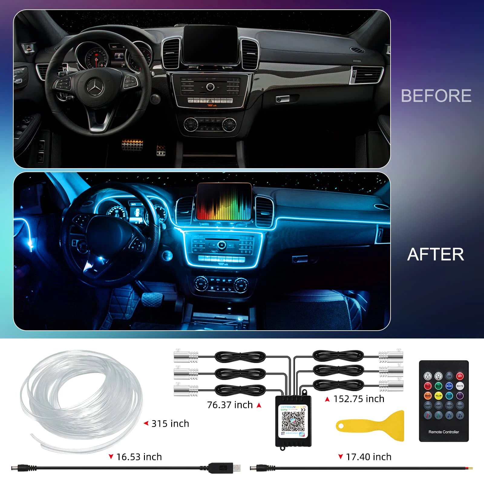 Transform Your Ride with LED Car Interior Ambient Strip Lights - RGB Fiber Optic Neon Lighting Kit with APP Remote Control for Ultimate Atmosphere