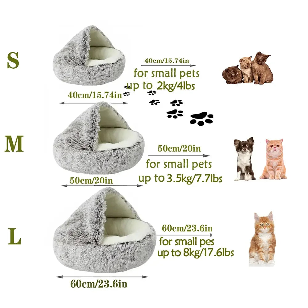 Luxurious Plush Round Hooded Pet Bed - Fluffy Soft Cushion for Cats and Small Dogs, Ideal 2-in-1 Sleeping Nest Cave