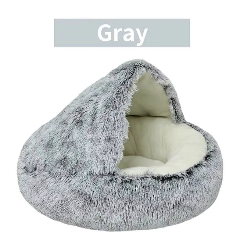 Luxurious Plush Round Hooded Pet Bed - Fluffy Soft Cushion for Cats and Small Dogs, Ideal 2-in-1 Sleeping Nest Cave