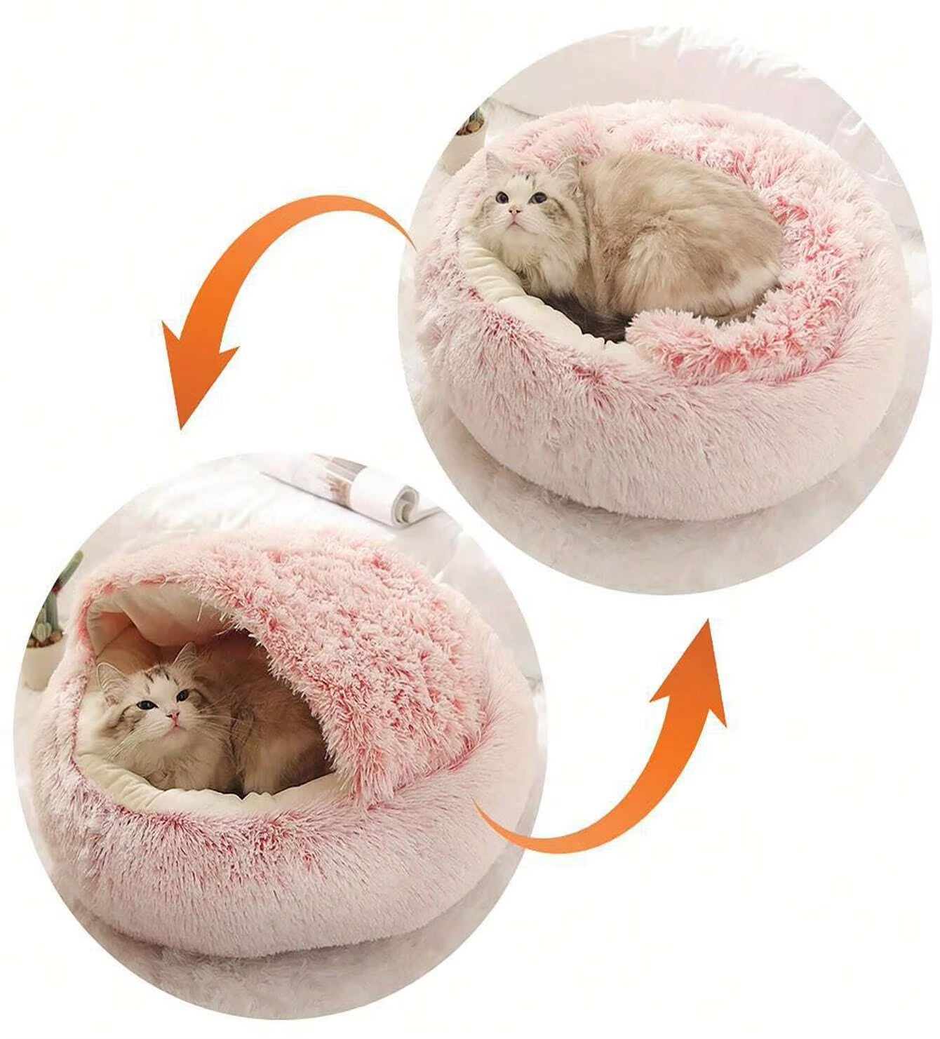 Luxurious Plush Round Hooded Pet Bed - Fluffy Soft Cushion for Cats and Small Dogs, Ideal 2-in-1 Sleeping Nest Cave