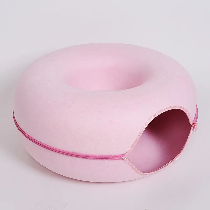 Cozy Donut Cat Bed with Interactive Tunnel - Versatile Felt Indoor Playhouse for Cats and Kittens