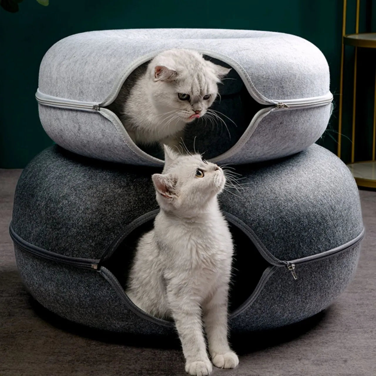 Cozy Donut Cat Bed with Interactive Tunnel - Versatile Felt Indoor Playhouse for Cats and Kittens