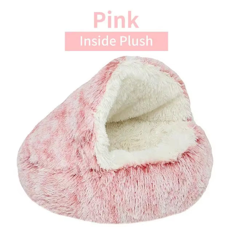 Luxurious Plush Round Hooded Pet Bed - Fluffy Soft Cushion for Cats and Small Dogs, Ideal 2-in-1 Sleeping Nest Cave