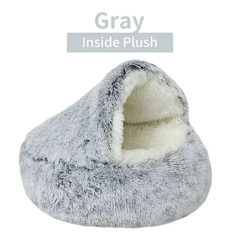 Luxurious Plush Round Hooded Pet Bed - Fluffy Soft Cushion for Cats and Small Dogs, Ideal 2-in-1 Sleeping Nest Cave