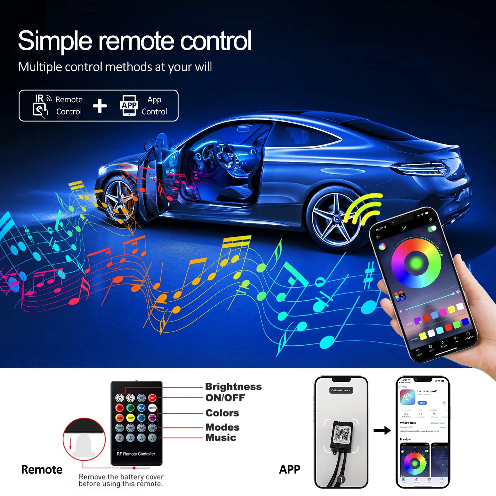 Transform Your Ride with LED Car Interior Ambient Strip Lights - RGB Fiber Optic Neon Lighting Kit with APP Remote Control for Ultimate Atmosphere