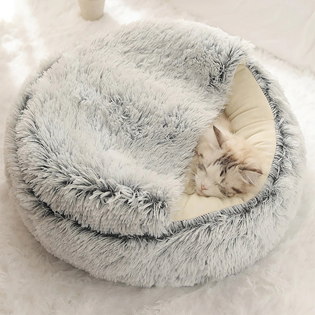 Luxurious Plush Round Hooded Pet Bed - Fluffy Soft Cushion for Cats and Small Dogs, Ideal 2-in-1 Sleeping Nest Cave