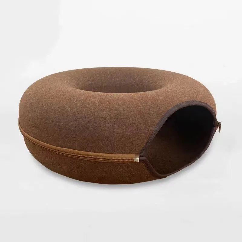 Cozy Donut Cat Bed with Interactive Tunnel - Versatile Felt Indoor Playhouse for Cats and Kittens
