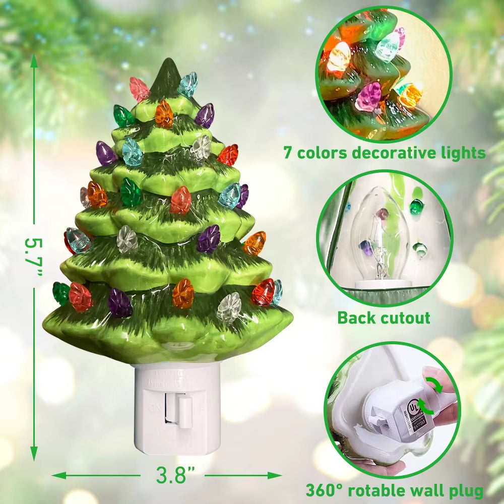 Ceramic Vintage Green Christmas Tree Night Light - Hand-Painted Wall Plug-In Decor for a Cozy Atmosphere