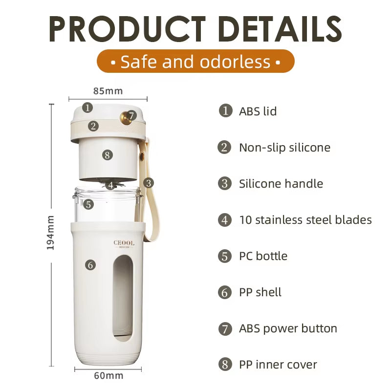 Compact and Powerful Portable Electric Juicer with 10 Stainless Steel Blades - USB Rechargeable Mini Blender for Fresh Fruit and Smoothies