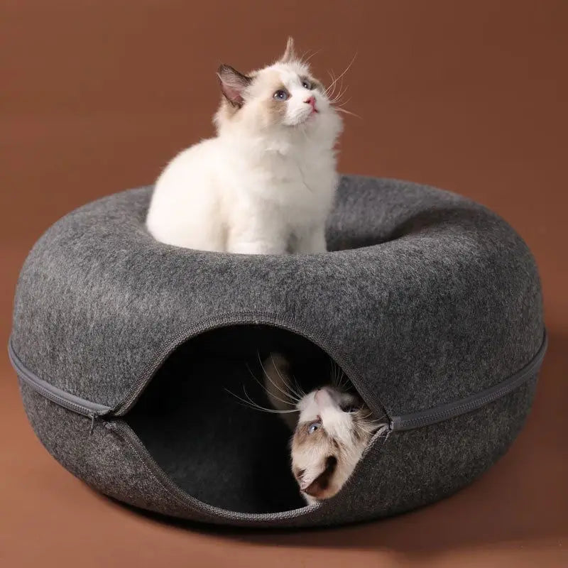Cozy Donut Cat Bed with Interactive Tunnel - Versatile Felt Indoor Playhouse for Cats and Kittens