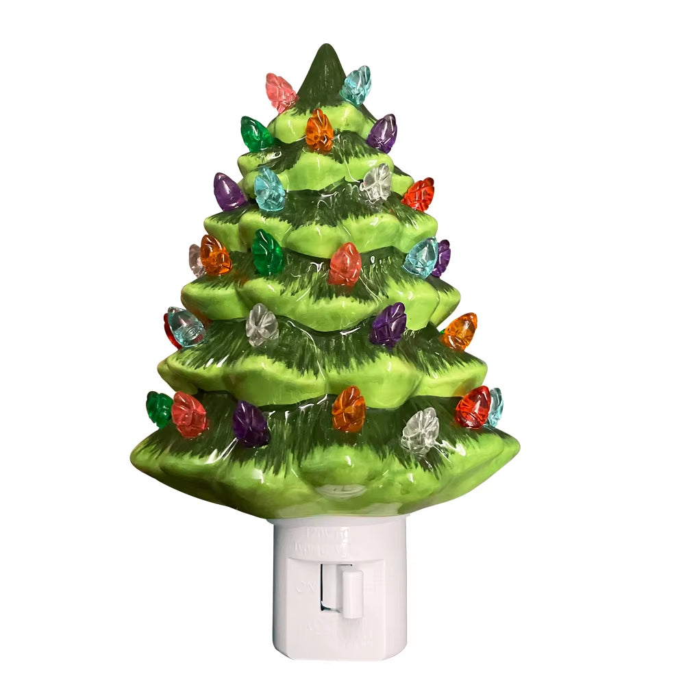 Ceramic Vintage Green Christmas Tree Night Light - Hand-Painted Wall Plug-In Decor for a Cozy Atmosphere