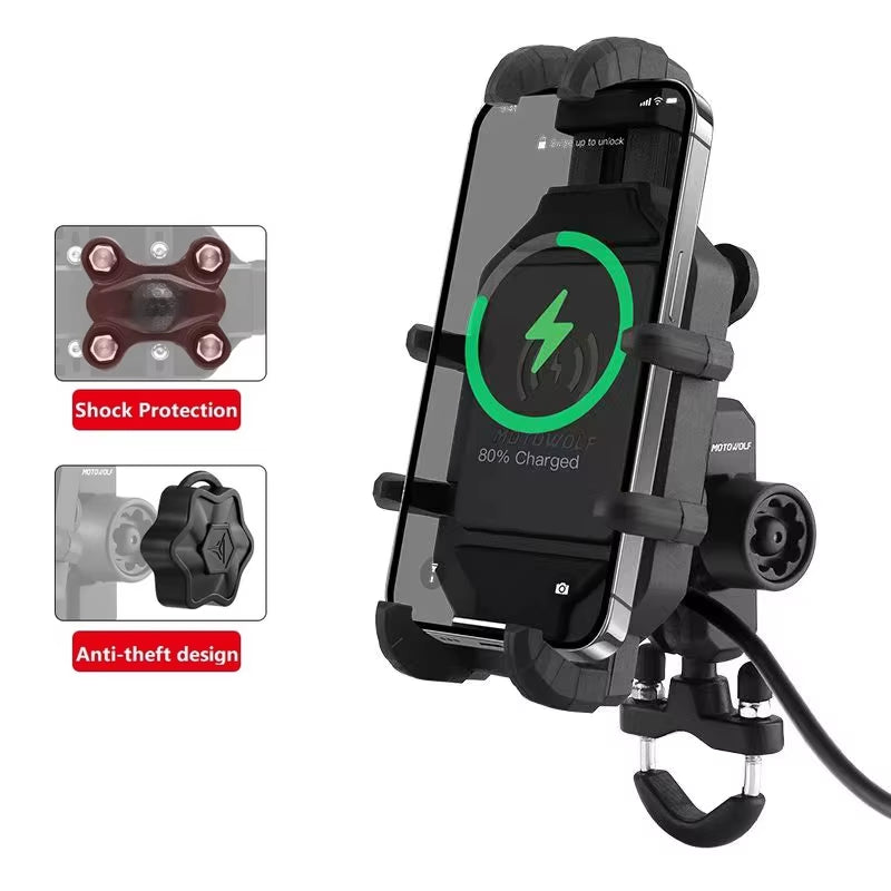 Motorcycle Wireless Charging Phone Holder Cradle - 3.0 Quick Charger for 4-7 Inch Devices, GPS Moto Support Handlebar Mount
