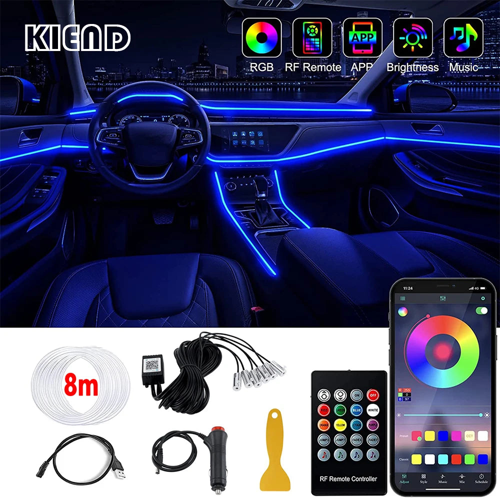 Transform Your Ride with LED Car Interior Ambient Strip Lights - RGB Fiber Optic Neon Lighting Kit with APP Remote Control for Ultimate Atmosphere