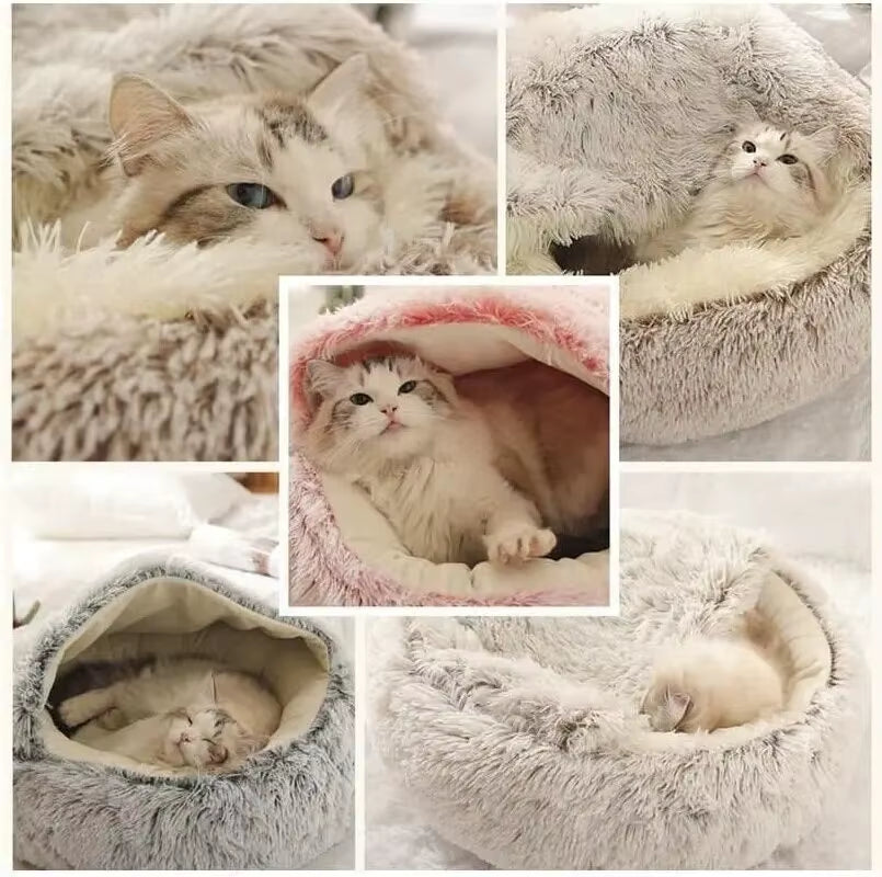 Luxurious Plush Round Hooded Pet Bed - Fluffy Soft Cushion for Cats and Small Dogs, Ideal 2-in-1 Sleeping Nest Cave
