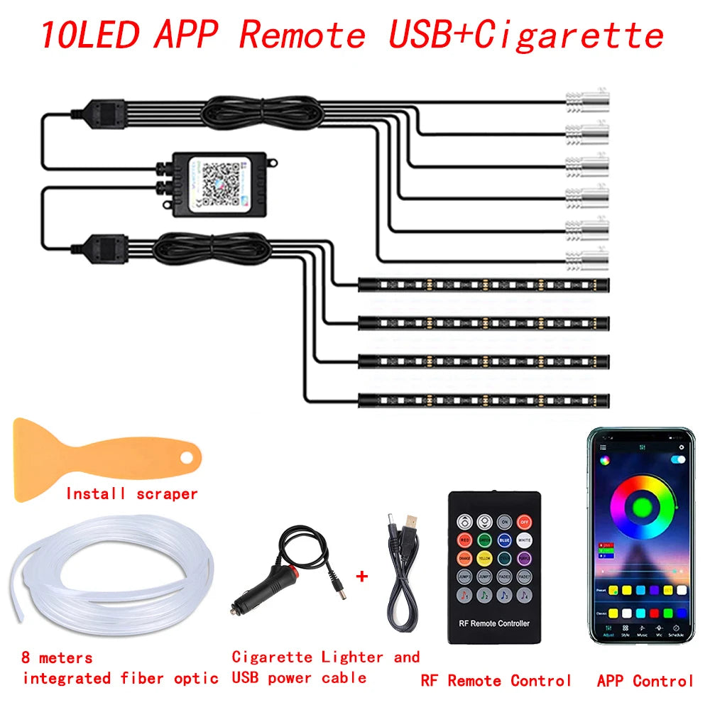 Transform Your Ride with LED Car Interior Ambient Strip Lights - RGB Fiber Optic Neon Lighting Kit with APP Remote Control for Ultimate Atmosphere